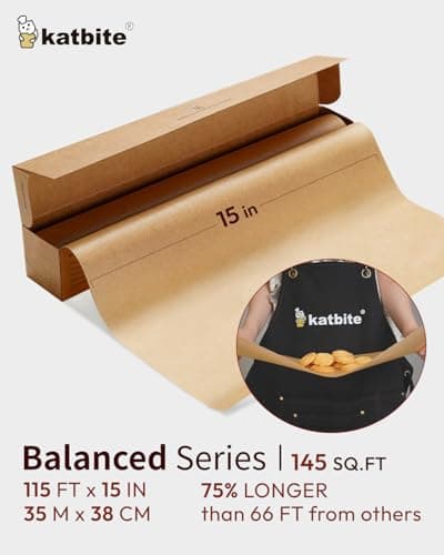 Katbite Parchment Paper Roll 15in x 115ft, Unbleached Pachment Baking Paper Roll 145 Sq.Ft, Non-Stick and Extra Longer Parchment Paper with Portable Serrated Cutter for Baking,Cooking,Space-saving
