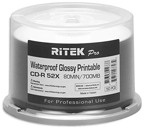 100 Pack Ritek Pro CD-R 52X 700MB 80Min Professional Grade Watershield Water Resistant Glossy White Inkjet Hub Printable Blank Recordable Disc