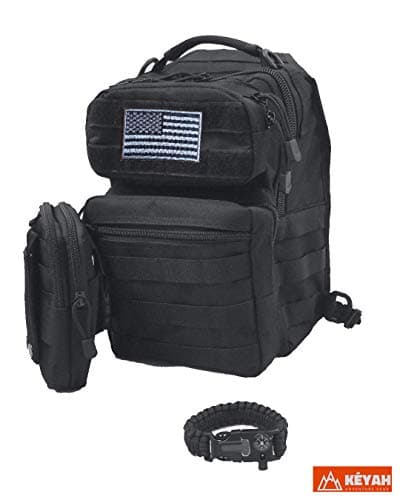 Tactical Shoulder Sling Bag Backpack Bundle - Multifunction Survival Kit for Wilderness & Camping – All-In-One Survival Kit – Includes BONUS Survival Bracelet, MOLLE EDC Waist Pouch, USA morale patch