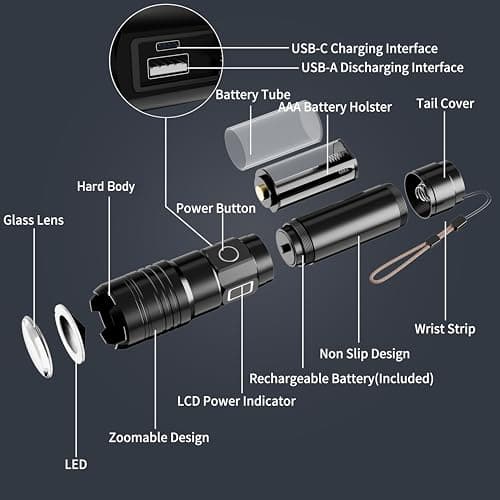 Rechargeable Flashlights 2000 High Lumens Long Range 3280 FT, Super Bright USB C LED Flashlight Long Lasting 15 Hours, Powerful Multifunctional Strong Flash Lights, for Emergency Security Camping