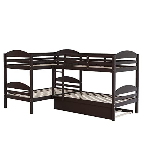 Harper & Bright Designs L Shaped Bunk Bed for 4 Kids, Quad Bunk Bed with Trundle, Wooden Twin Over Twin Bunk Bed Frame for Kids Teens Adults - Espresso