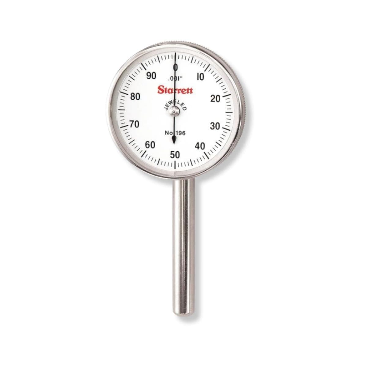 Starrett 196A5Z Universal Dial Indicator, Back Plunger, White Dial, 0-50-0 Reading, 0-0.2" Range, 0.001" Graduation