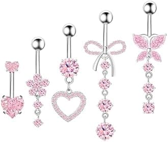 Belly Button Ring Dangle Navel Belly Piercing Jewelry Cute Pink CZ Heart Butterfly Bow Flower Navel Belly Rings for Women 14G Silver Stainless Steel Dainty Dangly Dangling Belly Button Piercing