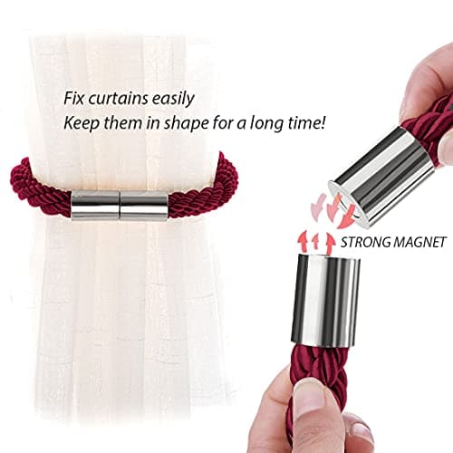 NICEEC 6 Pack Strong Magnetic Curtain Tiebacks Modern Simple Style Drape Tie Backs Convenient Decorative Weave Rope Curtain Holdbacks for Thin or Thick Home & Office Window Draperies (Wine Red)