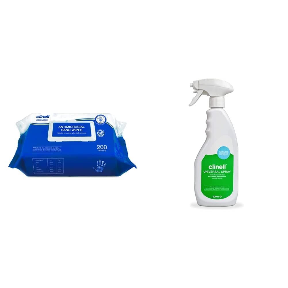 Clinell Antibacterial Hand Wipe Suitable for Hands and Surfaces, Pack of 200 & Universal Cleaning and Disinfectant Spray for Surfaces - 500 ml - White Universal Spray