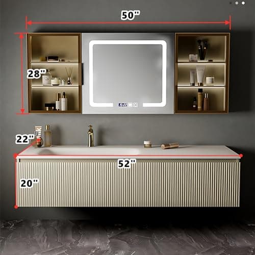 Bathroom Vanity - Stylish Bathroom Vanity with Sink Include Smart LED Defog Mirror ? Large Capacity Cabinet, Floating Solid Wood Bathroom Sink Cabinet (52'')