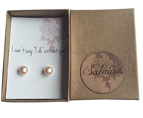 Bridesmaid proposal earring studs with personalized message, 9mm freshwater pearls with 925 sterling silver post