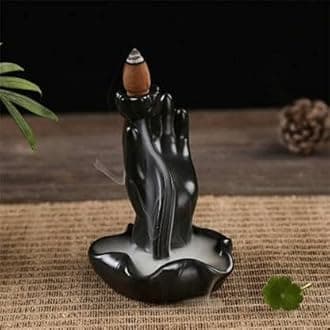 Polyresin Decorative Smoke Backflow Cone Incense Holder with 10 Smoke Cones (Flower in Hand) Black