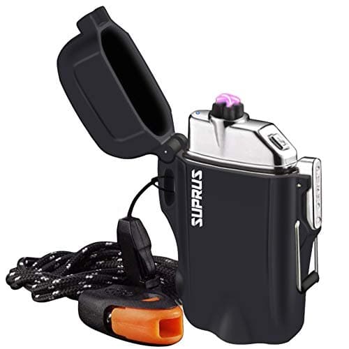 SUPRUS Waterproof 3 Modes of Flashlight Windproof Lighter Dual Arc Electric Rechargeable Dual Arc Plasma Lighters with Survival Emergency Whistle and Lanyard