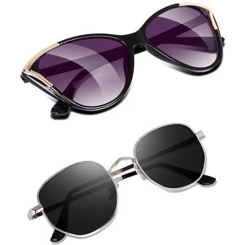 SheomyHexagonal Design SRK PATHAN Eyewear Unisex Combo offer pack of 2 shades glasses Diamond Cat eye Sunglasses Women and Men Small Combo offer pack of Cat Eye Diamond Cut Sunglass MC-035