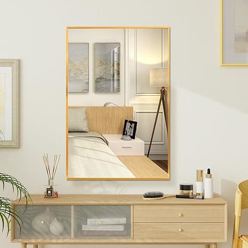 FANYUSHOWRectangular Wall Mirror with Gold Metal Frame, 24X36 Inch Rectangle Mirror, Gold Bathroom Vanity Mirror Farmhouse, Anti-Rust, Tempered Glass, Hangs Horizontally or Vertically