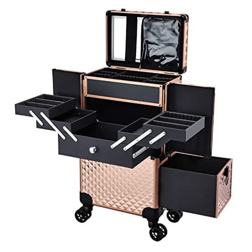 Adazzo Professional Makeup Rolling Train Case Cosmetic Train Case Large Trolley Storage Case for Nail Cosmetology Case with Compartments for Hairstylist - Rose Gold, Rose Gold New, Professional Rolling Makeup Case
