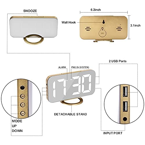 Digital Alarm Clock,LED and Mirror Desk Clock Large Display,with Dual USB Charger Ports,3 Levels Brightness,12/24H,Modern Electronic Clock for Bedroom Home Living Room Office - Gold