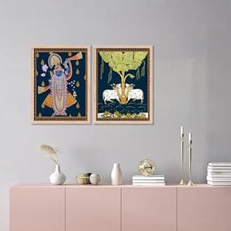 kotart Madhubani Art Framed Painting for Home, Living Room, Hall | Shrinath Ji Pichwai Art Traditional Paitnings with Frame for Home Decor (Set of 2)
