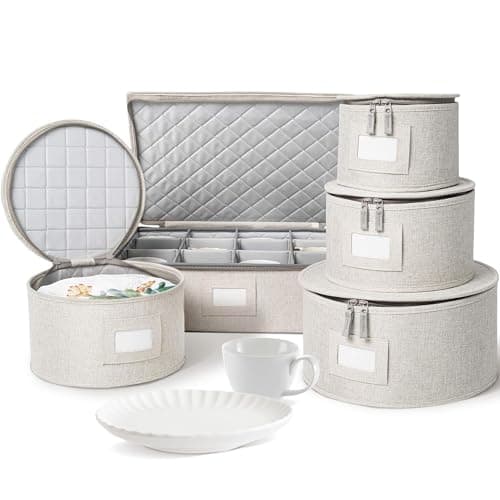 China Storage Set, Hard Shell and Stackable, for Dinnerware Storage and Transport, Protects Dishes Cups and Mugs, Felt Plate Dividers Included (Cream)
