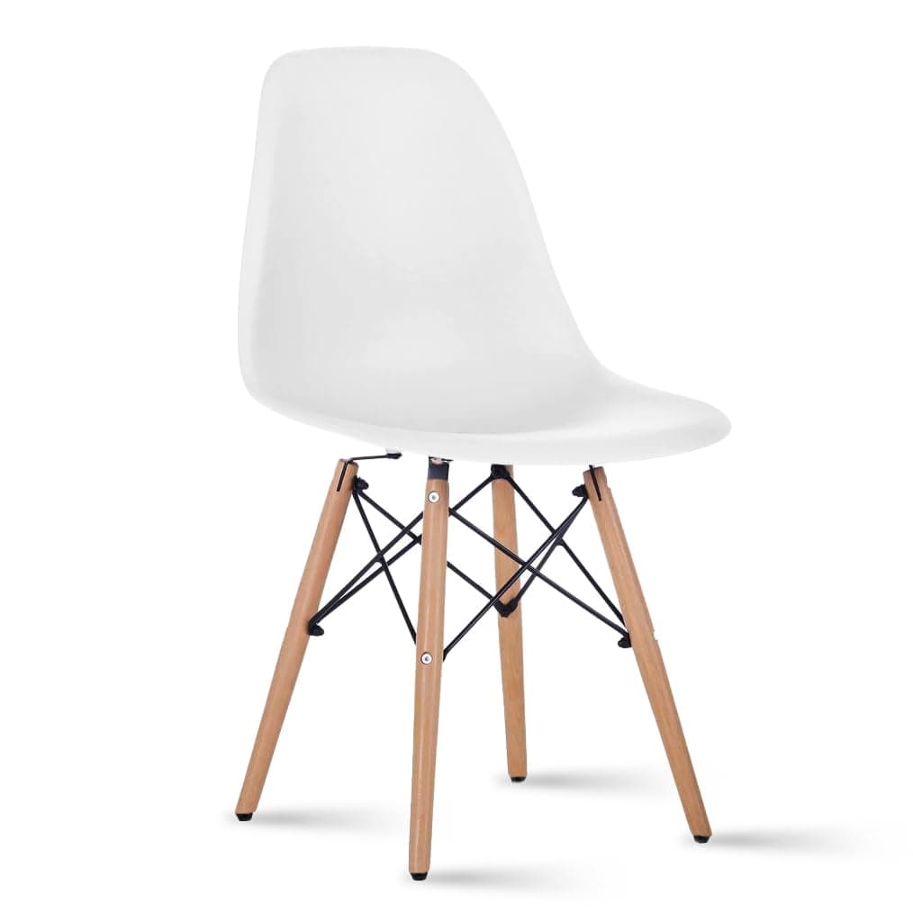 2xhome - DSW Molded Plastic Shell Bedroom Dining Side Ray Chair with Brown Wood Eiffel Dowel-Legs Base Nature Legs (White)