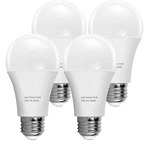 KINDEEP Motion Sensor Light Bulb, A60 7W LED Smart Bulb Dusk to Dawn, E26 Base, 3000K, Soft White, Auto On/Off, 4 Packs