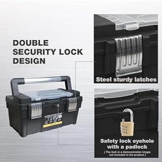 Torin 18-Inch Plastic Tool Box Organizer & Durable Tool Storage Box: Portable Removable Tray and Alum Alloy Handle Tool Box with 2 Metal Snap Lock for Enhanced Security, Black