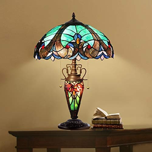 Tiffany Style Table Lamp 3 Light Double Lit Victorian Style Table LampWith 15.7-Inch Classic Shade, Antique Tiffany Lamp Base, Stained Glass Tiffany Lamp for Bedroom, Antique Dresser