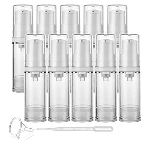 10 Pcs Clear Airless Pump Bottles,Refillable Empty Transparent Plastic Airless Lotion Pump Vacuum Container Diffuser Travel Size Lotion Sample Packing Vial-FREE Funnel,Dropper (5ml/0.17 Qunce)
