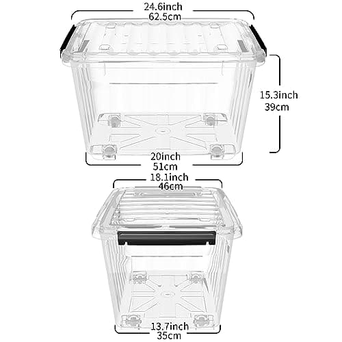 85Qt*4 Plastic Storage Bins, Storage Box, 4 Pack, Organizing Container with Wheels, Durable Lids and Secure Latching Buckles, Stackable and Nestable, Clear with Black Buckle