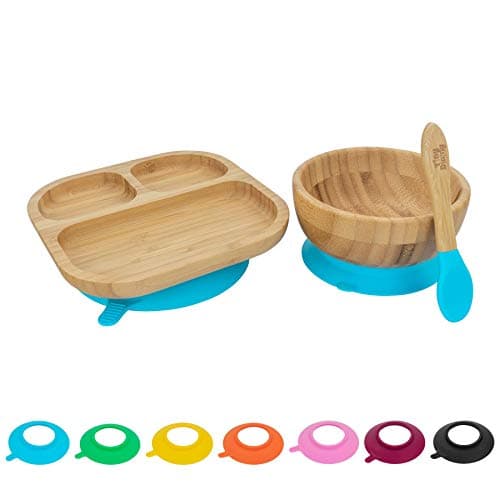 Tiny Dining Children's Bamboo Tableware Feeding Set - Plate Bowl Spoon with Stay Put Suction - Blue
