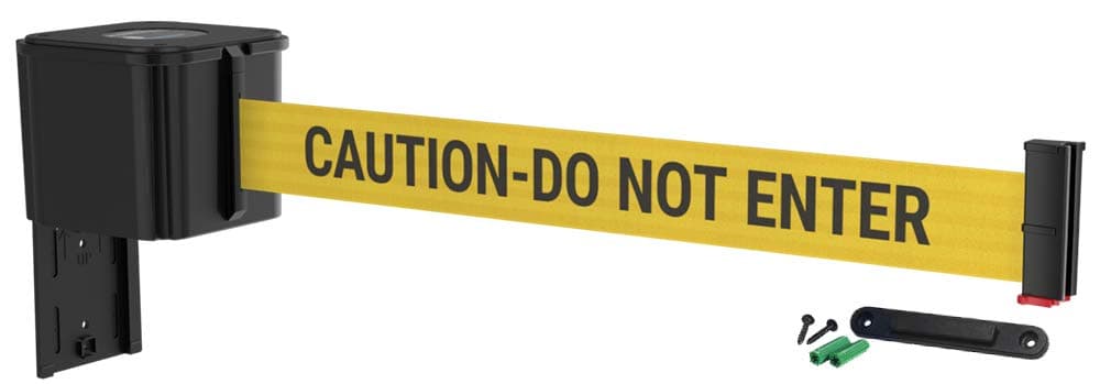 WM412 Retractable Belt Wall Mounted Smooth Black Crowd Control Barrier and Receiving End, 25' Caution Do Not Enter Belt