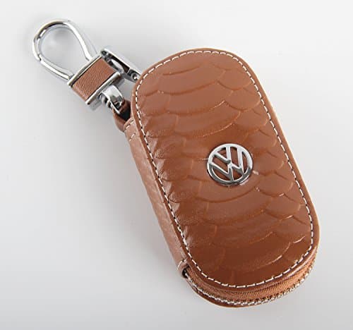 Key chain Bag Oval fish scale stripes Genuine Leather Ring Holder Case Car Auto Coin Universal Remote Smart Key cover Fob Alarm Security Zipper keychain Wallet Bag (Brown, VW.Volkswagen)