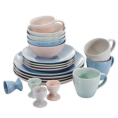 Vancasso 20-Piece Porcelain Set, Multi-Colour Glazed Ceramic Dinnerware Set with Flat Plate, Dessert Plate, Cereal Bowl, Mug and Egg Cup, Service for 4