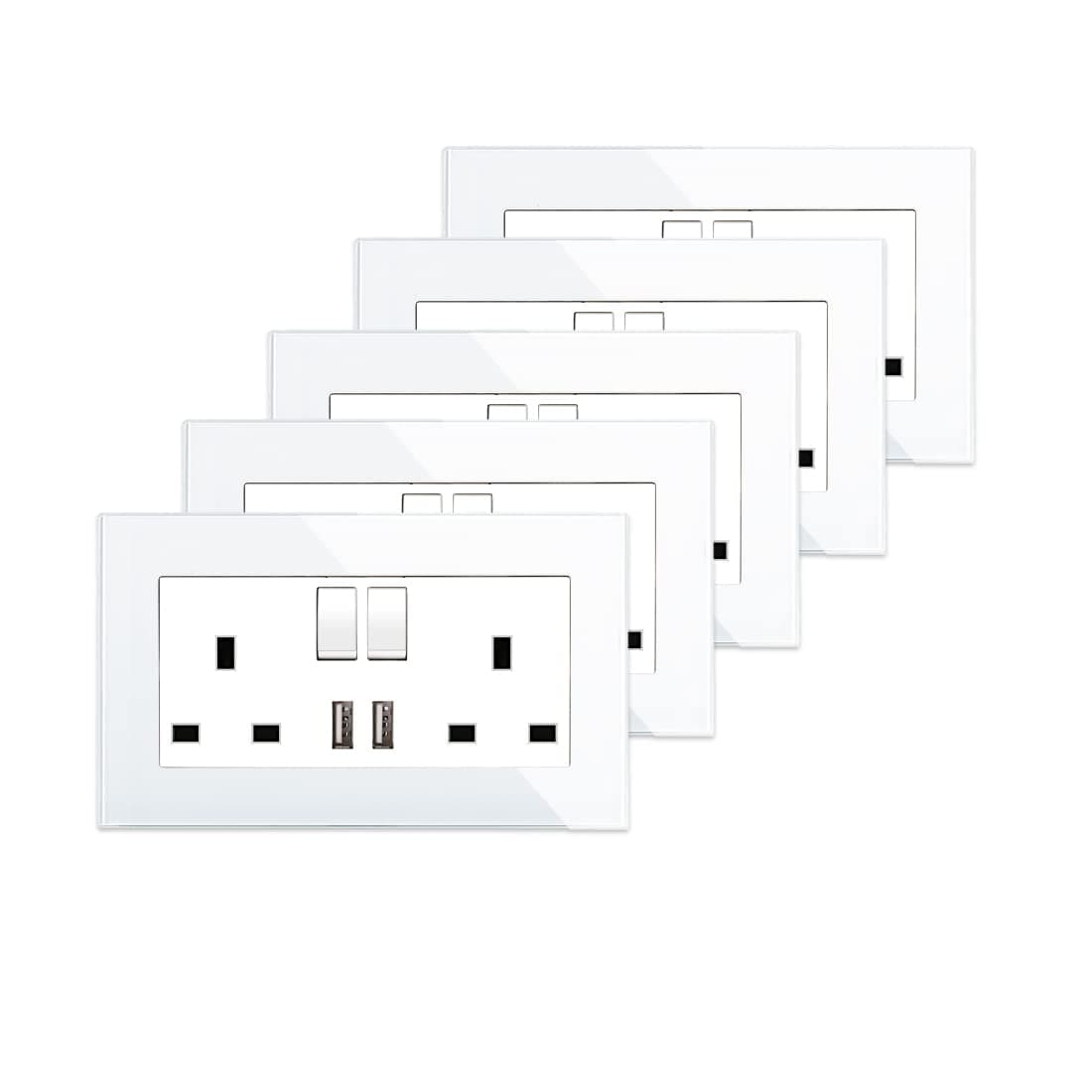 5 Pack Glass Double Switched Socket with 2 USB-A Charging Ports (Output 2.1A), White Crystal Glass Panel Wall Outlet, 2 Gang 13 Amp Electric Power Socket