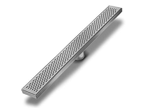 QM Linear Shower Drain, Base and Grate Made of 100% Stainless Steel 316, Delmar Series Delta Line 58" Polished/Chrome, Kit includes: Flange adaptor w/gasket, Hair Strainer, Key, Leveling feet.
