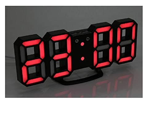Hwealth 3D LED Digital Wall Clocks 24/12 Hours Display 3 Brightness Levels Dimmable Nightlight Snooze Function for Home Kitchen Office - Black red