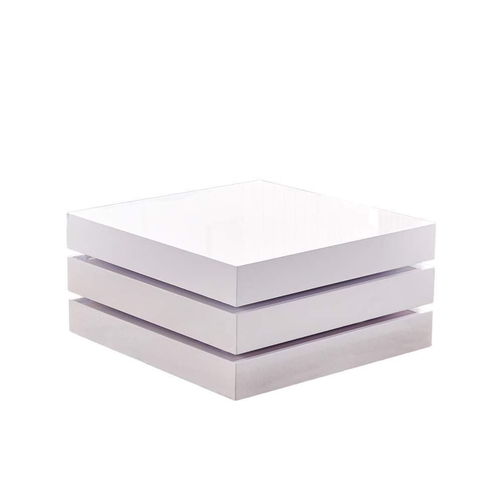 Tason White High Gloss Coffee Table, 3 Tier Square 360° Rotatable Extendable Tea Table with Modern Design for Living Room Decor and Storage