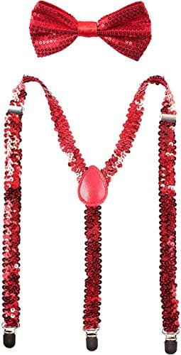 Y-Back Suspender and Bow Tie Matching Set, Adjustable, Clip Design| Great Gift | (Sequined Red)