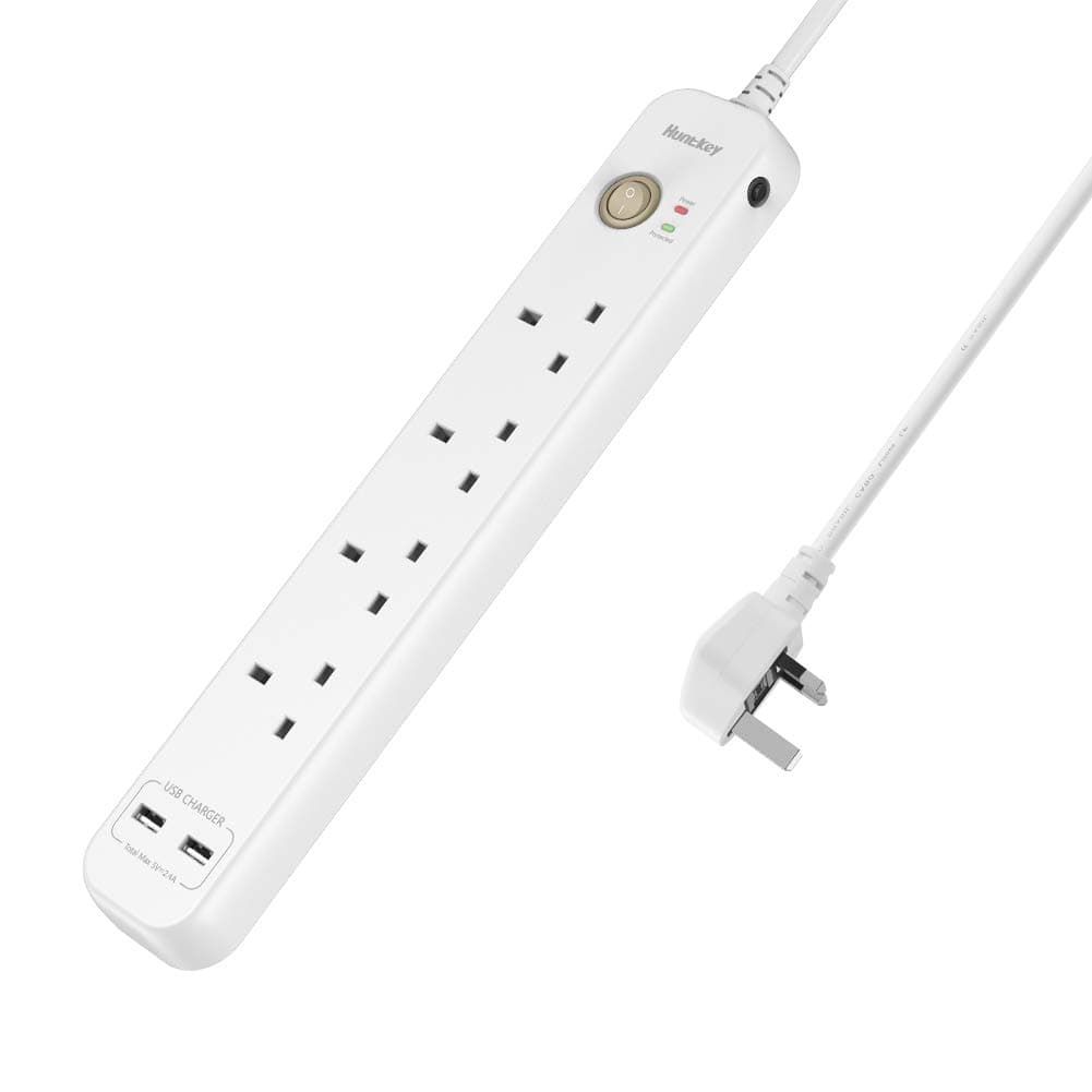 Extension Lead with USB Slots, HUNTKEY Plug Extension with 4 Gang Sockets and 2 USB, Surge Protected Power Strip 2m