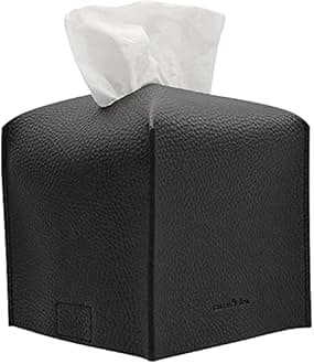 Carrot's Den Tissue Box Cover Holder with Bottom/PU Leather Decorative Organizer for Bathroom, Car, Office/Modern Home Decor (Black, Square)