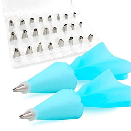 Tips for Cake Decorating Supplies Kit with 24 Icing Piping Tips, 2 Silicone Pastry Bags, 2 Reusable Plastic Couplers Baking Supplies Frosting Tools Set for Cupcakes Cookies