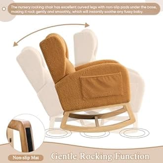 Rocking Glider Chair for Nursery, Wingback Teddy Accent Rocker Chair Upholstered Tall Back Arm Chair w/Side Pockets, Modern Leisure Single Sofa for Living Room, Hotel, Bedroom, Baby Room, Khaki