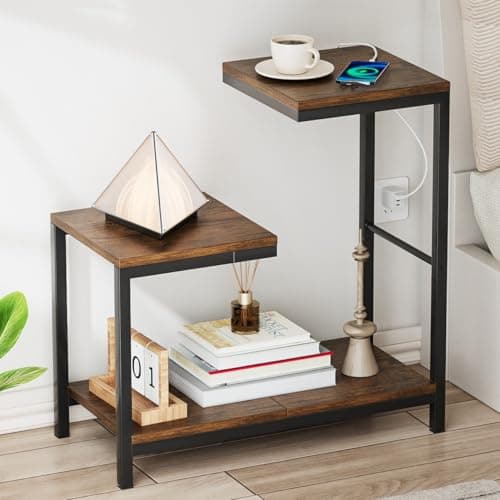 Mutool 3 Tier End Table, Narrow Sofa Table for Small Spaces, G Shaped Side Table Storage Shelves Plant Shelf for Living Room Bedroom Kitchen Office, Rustic Brown and Black