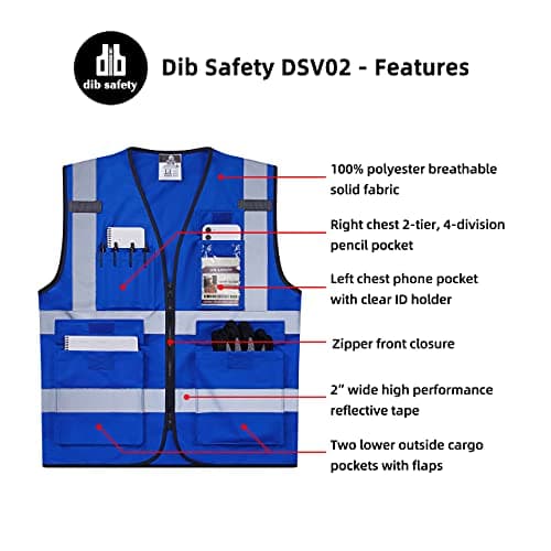 Dib Safety Reflective Vest ANSI Class 2, High Visibility Vest with Pockets and Zipper, Construction Work, Hi Vis