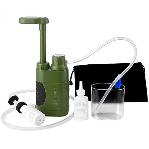SurviMate Portable 0.01micron Water Filter Pump with 3 Filter Stages,2 Replaceable Pre-Filter, Water Purifier Pump with Activated Carbon Filter for Hiking Camping Traveling and Emergency use (Green)