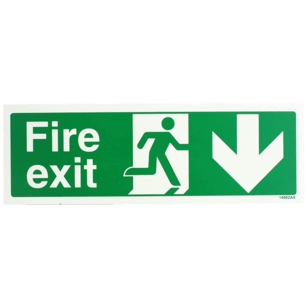 V Safety Glow In The Dark Fire Exit Arrow Down Sign - 300mm x 100mm - Rigid Plastic