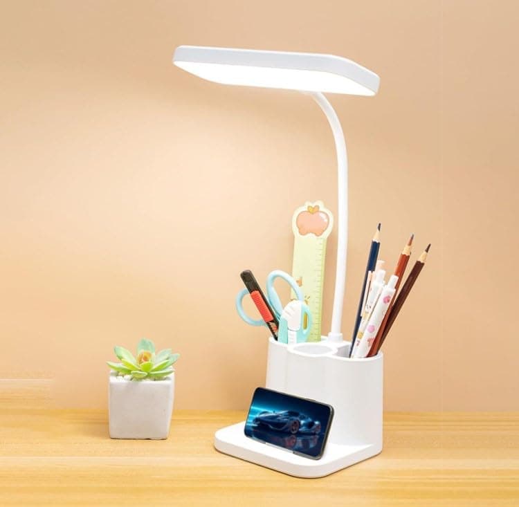 Desk Lamp,3 Lighting Modes Adjustable Gooseneck Dimmable Rechargeable Led Led Desk Lamp with Pen Holder,Desk Light,White Cute Desk Lamp for Office Women Bedroom Home Dorm