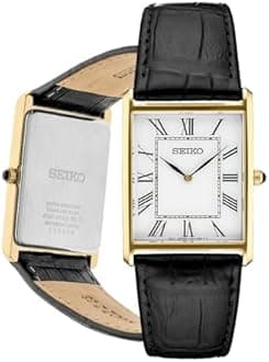 SEIKO Essentials Watch for Men - Water Resistant with Stainless Steel Rectangular Case and Leather Strap