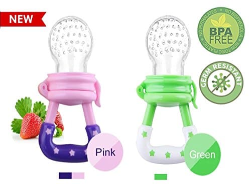 Baby Food Fruit Feeder for Solid Foods - 2 Pack - Pacifier - Silicone Nipple for Teething Aching Gums Pacifier, Blue BPA Free – Eco Friendly -Freezer Safe (Pink/Green)
