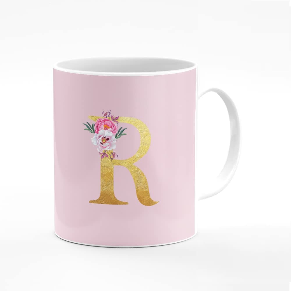 Stylizedd Designer Printed Coffee Mug 11oz Ceramic Personalised Gift Mugs Cup -Custom Monogram Initial Letter Floral Pattern Alphabet - R (Pink)
