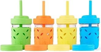 Elk and Friends Kids & Toddler Cups | The Original Glass Mason Jars 8 oz with Silicone Sleeves & Silicone Straws with Stoppers | Smoothie Cups | Spill Proof Sippy Cups for Toddlers | 4 Pack