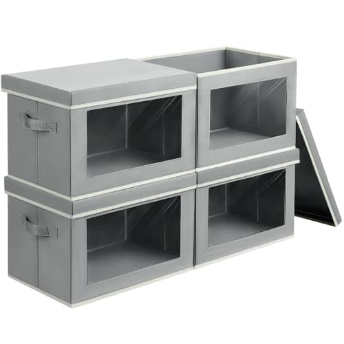 Storage Bins with Lids, 4 Pack Large Storage Cubes with Window, Closet Bins with Lids & Handles, Fabric Box for Organizing Clothes, Towels, Books, Grey