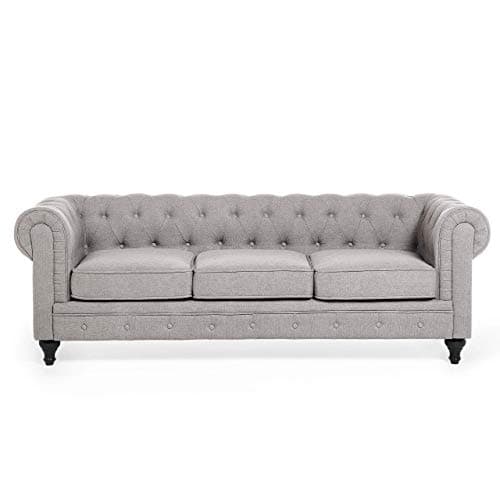 BelianiModern Fabric Sofa 3 Seater Button Tufted Scroll Arms Light Grey Chesterfield