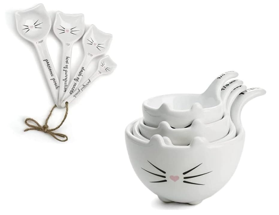 White Cat Measuring Cups & Spoons Gift Set – Ceramic Kitchen Tools for Cat Lovers & Bakers – 4 Measuring Cups and 4 Measuring Spoons – Unique Gift for Kitchen, Baking, and Cat Lovers